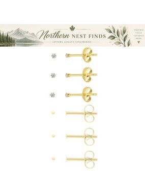 6 Pairs Surgical Steel Stud Earrings 14K Gold Filled Hypoallergenic Set